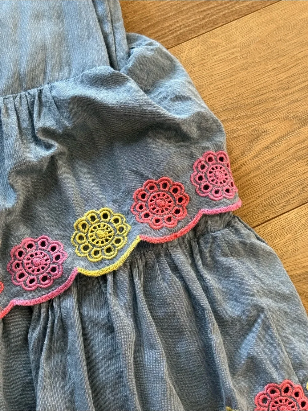 Old Navy Chambray Tiered Dress with Pink & Yellow Trim